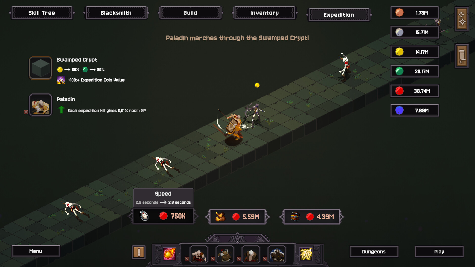 The Expedition screen showing Paladin in the Swamped Crypt, room rewards, and a Speed upgrade